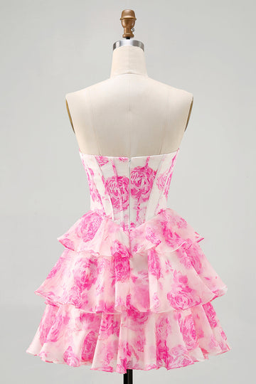 Fuchsia A-Line Strapless Corset Tiered Floral Short Homecoming Dress